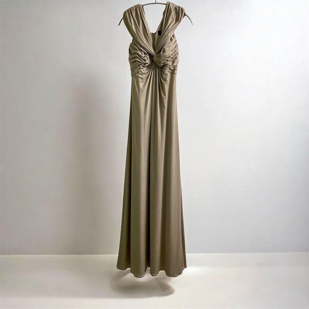 Tadashi Shoji Champagne Metallic V Neck Surplice Gown